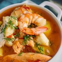 Seafood Soup · Shrimp, crabmeat, tofu, carrot, and peas.
