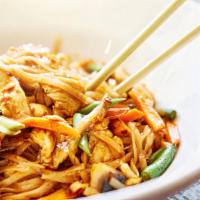 Chicken Chow Fun · White flat rice noodle with bean sprouts, green onions wok stir-fried in soy sauce.