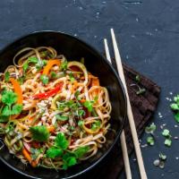 Vegetable Chow Fun · White flat rice noodle with bean sprouts, green onions wok stir-fried in soy sauce.