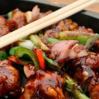 Szechuan Chicken · Sliced white meat chicken with carrots, diced bell pepper, and onions stir-fried in a spicy ...
