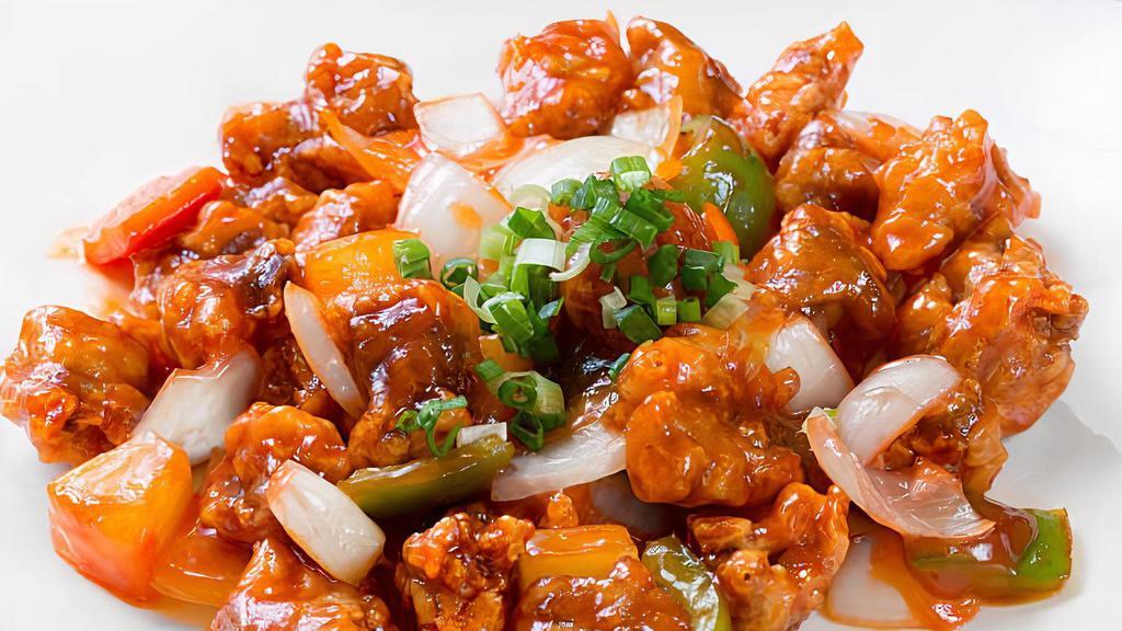 Sweet & Sour Chicken · Crispy breaded white meat chicken with bell pepper, onion, carrots, and diced pineapple glazed with sweet and sour sauce.