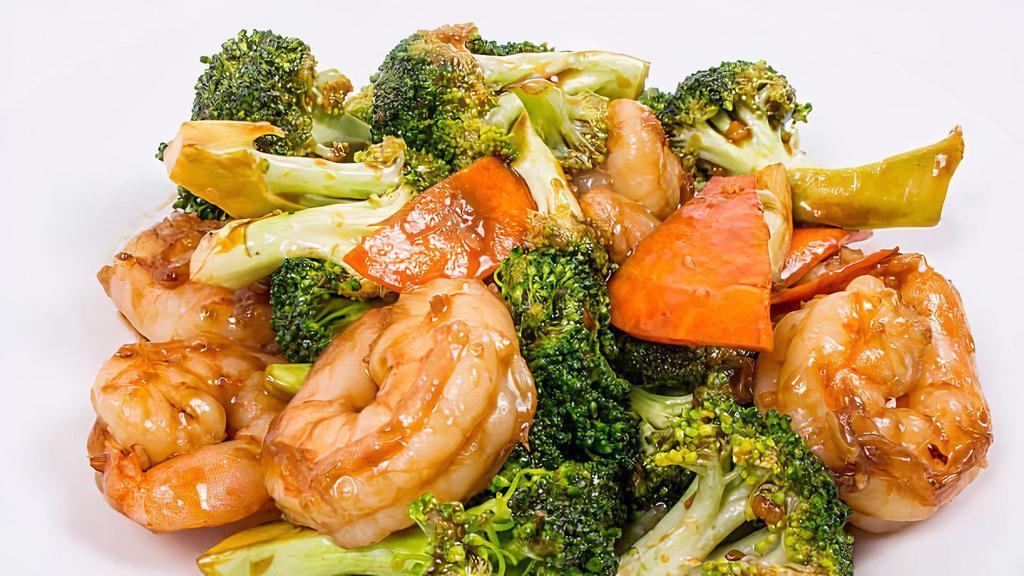 Shrimp Chop Suey · Shrimp with Napa cabbage, broccoli, zucchini, carrots, mushroom, water chestnuts, baby corn, and bean sprouts stir-fried in brown sauce.