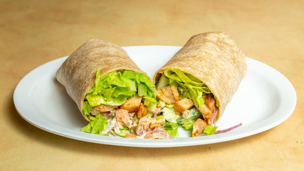 Cilantro'S Chicken Wrap · Romain lettuce, spinach mix, red onions, cucumbers, tomatoes & lime cilantro's dressing. Wrap on a wheat tortilla.