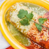  Bandera Burrito · Red & green sauce. Your choice meat, with salsa verde and red enchilada sauce. Beans, lettuc...
