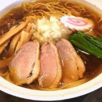 Shoyu Ramen · choice of smoked duck, pork, chicken, or tofu topping chicken base soup with special blend s...