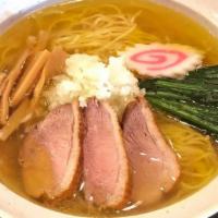 Shio Ramen · choice of smoked duck, pork, chicken, or tofu topping chicken base soup with special blend s...