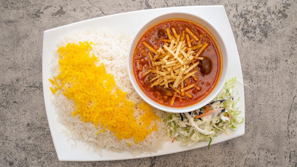 #5 Yellow Split Pea Stew With Rice/Gheymeh · Stew with sautéed diced beef, onion and yellow split peas with fresh tomato saffron sauce with basmati rice.