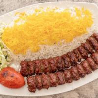 #7 Double Koobideh Plate · 2 skewers of Juicy charbroiled marinated premium ground beef. Served with broiled tomato, si...