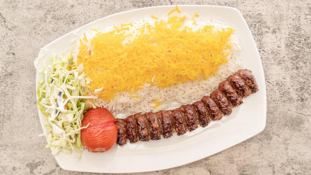 #1 Premimum Ground Beef Kabob/Koobideh (Halal) · 1 skewer of Juicy charbroiled marinated premium ground beef. Served with broiled tomato, side salad and basmati rice with saffron.