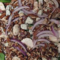 Spinach Salad · Spinach, tomato, pecans, mushrooms, red onions, bacon bits, and gorgonzola.