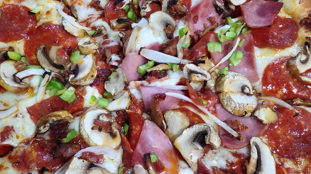 Vegetable Pizza · Mushroom, olives, onions, green peppers, and tomatoes. Vegetarian.