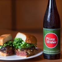 Office Burger With Pliny The Elder *Limited Daily Quantities · Dry Aged Beef, Caramelized Onion, Bacon, Gruyére, Maytag Blue, Arugula.  Served with 500ml B...