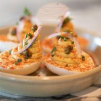 Deviled Eggs · Fried Capers, Hot Paprika, Dill, Chives, Hot Sauce