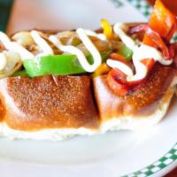 A. Style Hot Dog · Bacon-wrapped, grilled onion, grilled bell pepper, mayo, toasted buttermilk bun. nathan's al...