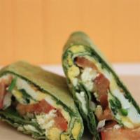 Spinach Pesto & Feta Egg Wrap · New. Vegetarian. Cage-free eggs, spinach, tomato, red onion, Feta and pesto wrapped in a spi...