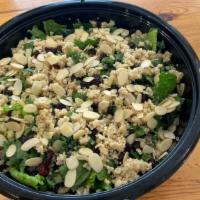 Organic Quinoa & Kale  Salad · Organic Quinoa,Kale,Romain,Dried Cranberries topped with Almonds, with Cilantro Lime Dressin...