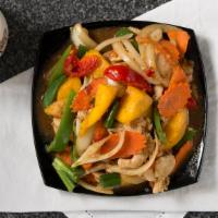 . Mango Garlic · Mango, bell peppers, carrots, and onions.