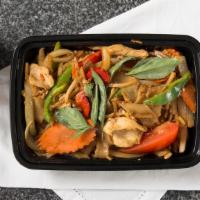 . Drunken Noodles · Stir fried flat rice noodles with chili, onions, bell peppers, bamboo shoots, carrots, Chine...