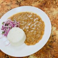 Arroz Con Frijoles · Peruvian beans served with rice and marinated onions.