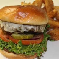 Classic Cheeseburger · ½ pound beef patty, garlic aioli, Monterey jack cheese, lettuce, crunchy pickles, tomato, re...