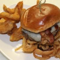 Western Bacon Cheeseburger · ½ pound beef patty, house BBQ, smoked bacon, Monterey jack cheese, & crispy onion straws. Se...
