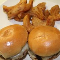 Cheeseburger Sliders · Two beef & cheese sliders, Served with a side of fries and seasonal fruit . *SOS = sauce on ...