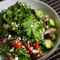 Chopped Greek Salad. · chopped cucumbers, cherry tomatoes, red onions, kalamata olives, feta cheese, red bell peppe...