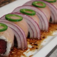 $1, 000 Roll · In(Spicy Tuna, Avocado) - Out( Fresh Albacore, Onions, Jalapenos, Japanese Dressing)
