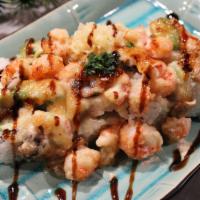 Baked Langostino Roll · In(Imitation Crab, Avocado) - Out(Baked Langostino, Green Onion, Crunch Flakes,  Eel Sauce, ...