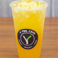 Mango Perfection · Mango and pineapple green tea, mango jelly, and bits.