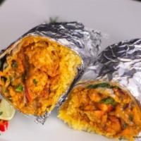 Chicken Tikka Burrito · Indian fusion burrito loaded with French fries, chicken tikka masala, rice, and veggies!