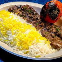 Spicy Beef Koobideh · One skewer of juicy seasoned ground beef spiced with jalapeño bits. Entrées with are served ...