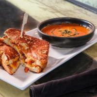 Grilled Cheese And Tomato Soup · GRILLED THREE-CHEESE SANDWICH, PARMESAN CRUSTED BRIOCHE, BRUSCHETTA, WITH HOUSEMADE TOMATO B...
