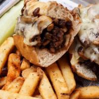 Cardiff Crack ™ Steak Sando · BURGUNDY PEPPER MARINATED TRI-TIP, SAUTEED ONIONS AND MUSHROOMS, SWISS CHEESE, HORSERADISH S...