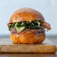 Toro Bravo Burger · Habanero aoli,  white cheddar, fire roasted Hatch chilis, Candied Bacon