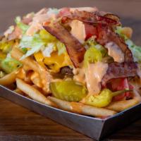 Road Kill Fries · Lettuce, tomato, beef patty, bacon, pickles, melted cheese, caramelized onions, burger shop ...