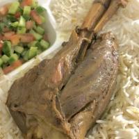 Lamb Shank Plate Specialty · Slow-cooked full lamb shank marinated in a blend of Persian spices.
