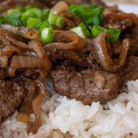 Bulgogi Beef · Thinly sliced beef marinated in famous Korean Bulgogi sauce and served over rice.