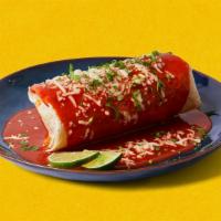 Fajita Burrito · Your choice of meat with rice, beans, and fajita veggies, topped with spicy red sauce and me...