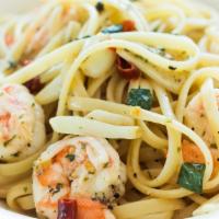 Shrimp Scampi Linguine Pasta · Wild-caught shrimp smothered in lemon, herbs and garlic sauce.