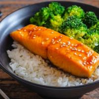 Salmon Teriyaki · Wild-caught Atlantic salmon pan-seared in a teriyaki sauce. Served with brown rice and grill...