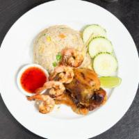 Combo Set · Bbq chicken and bbq shrimp served with Thai fried rice.