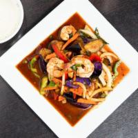 Basil Eggplant · Your *choice of meat* stir-fried with eggplant, bell peppers, onions and basil leaves in our...