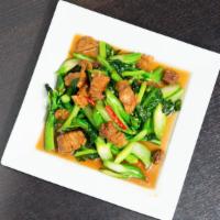 Chinese Broccoli With Crispy Pork · Crispy Pork stir-fried with Chinese broccoli and garlic served with our special house sauce.
