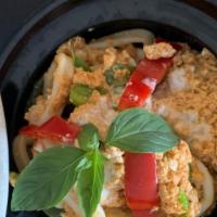 Hor Mok Seafood Curry · Streamed mixed seafood (shrimp, calamari, green mussels, and fish in thai red chili paste, s...