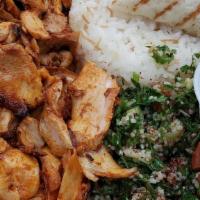 Chicken Shish Kebab Plate · Scoop of Rice Pilaf next to your choice of Salad and 5 included vegetable toppings. Your cho...