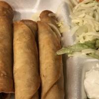 Flautas A La Cart · Served with sour cream and guacamole, lettuce, and tomato. Served with rice and beans. Chick...