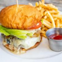Savoie Burger · 8 oz ground sirloin beef patty on a brioche bun with melted provolone cheese, apple wood bac...