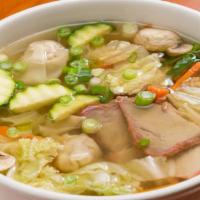 Wor Wonton Soup · What's good: Hand made pork dumplings, chicken,  pork, jumbo shrimp, mushroom, carrots, scal...