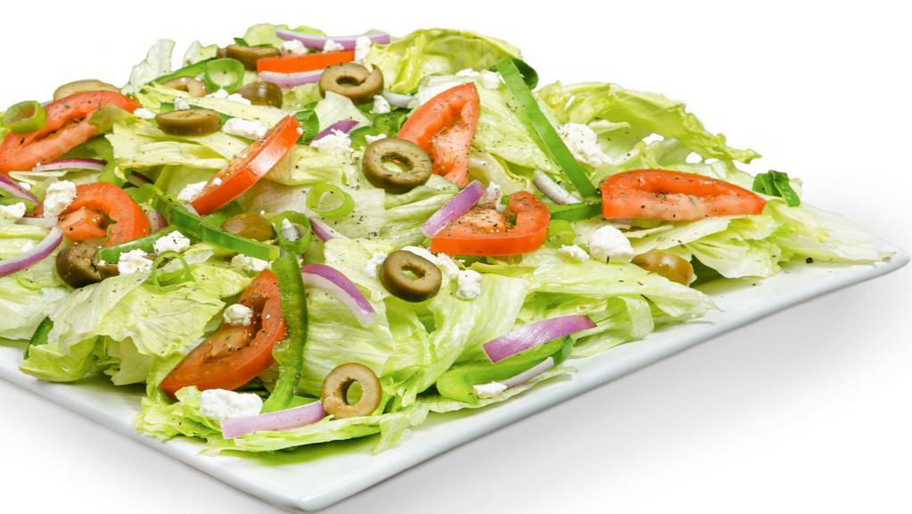 Mediterranean Salad · Iceberg Lettuce, Bell Peppers, Red Onions, Fresh Roma Tomatoes, Greeen Olives, Green Onions, Feta Cheese, Basil, Oregano, and Olive Oil Vinaigrette or your choice of dressing.